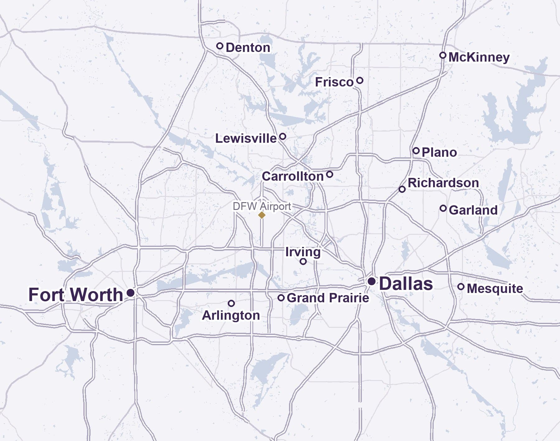 Map of the Dallas–Fort Worth metroplex and surrounding North Texas cities